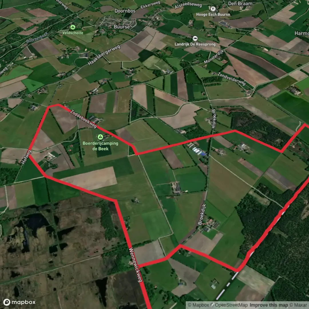 An image depicting the trail Kommiezenpad and Hof Weg Loop and its surrounding area.