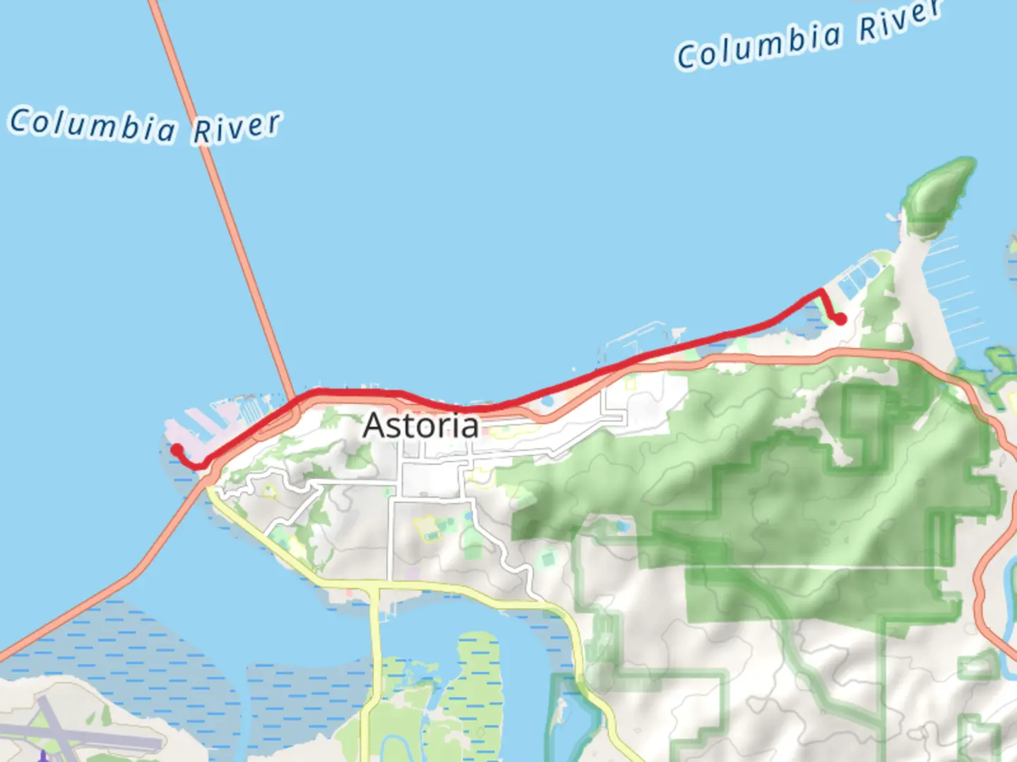 An image depicting the trail Astoria Riverwalk and its surrounding area.