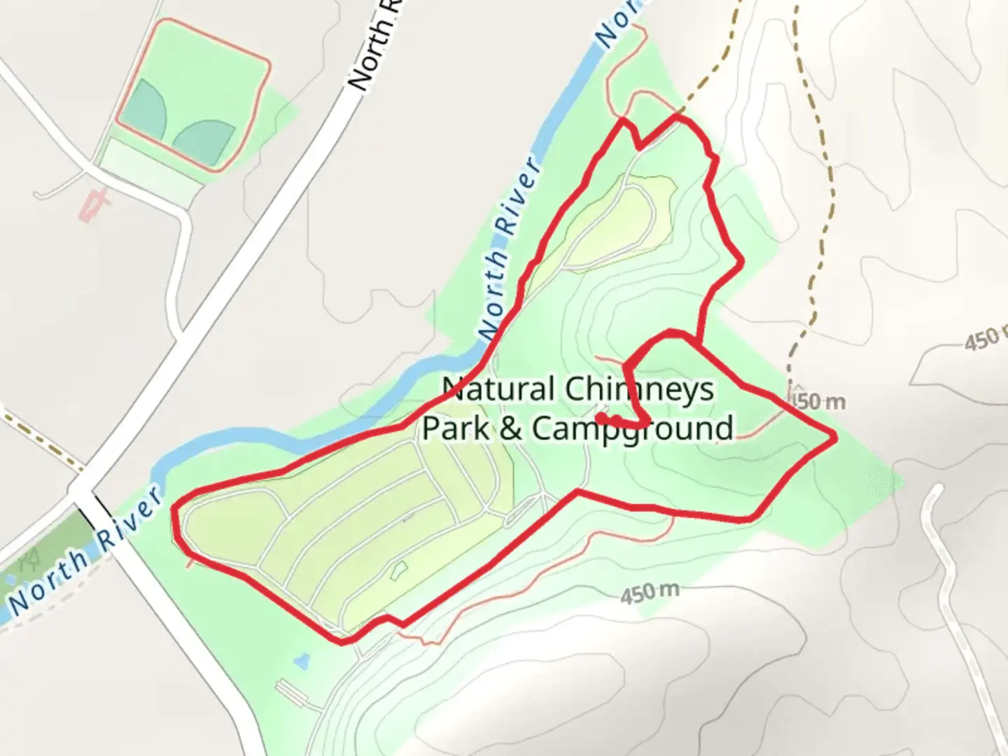 An image depicting the trail Rivers Edge Trail and Chimneys Overlook Trail Loop and its surrounding area.