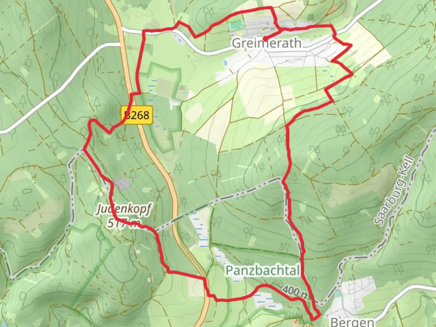 An image depicting the trail Greimerather Hohenweg Loop via Judenkopf and its surrounding area.
