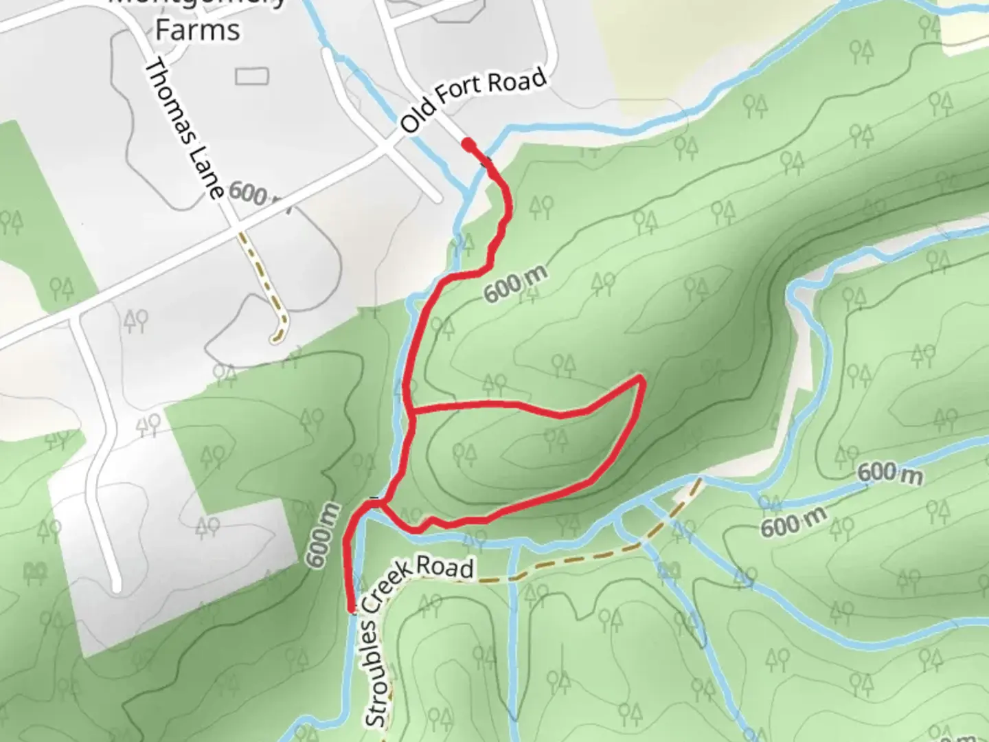An image depicting the trail Loop around Walls Branch and Stroubles Creek and its surrounding area.