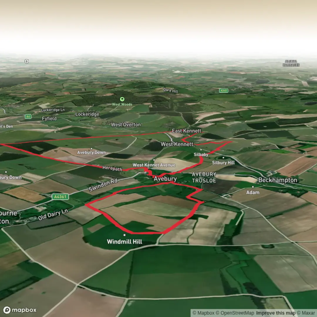 An image depicting the trail Avebury figure of Eight Loop - Upper Limits UK and its surrounding area.