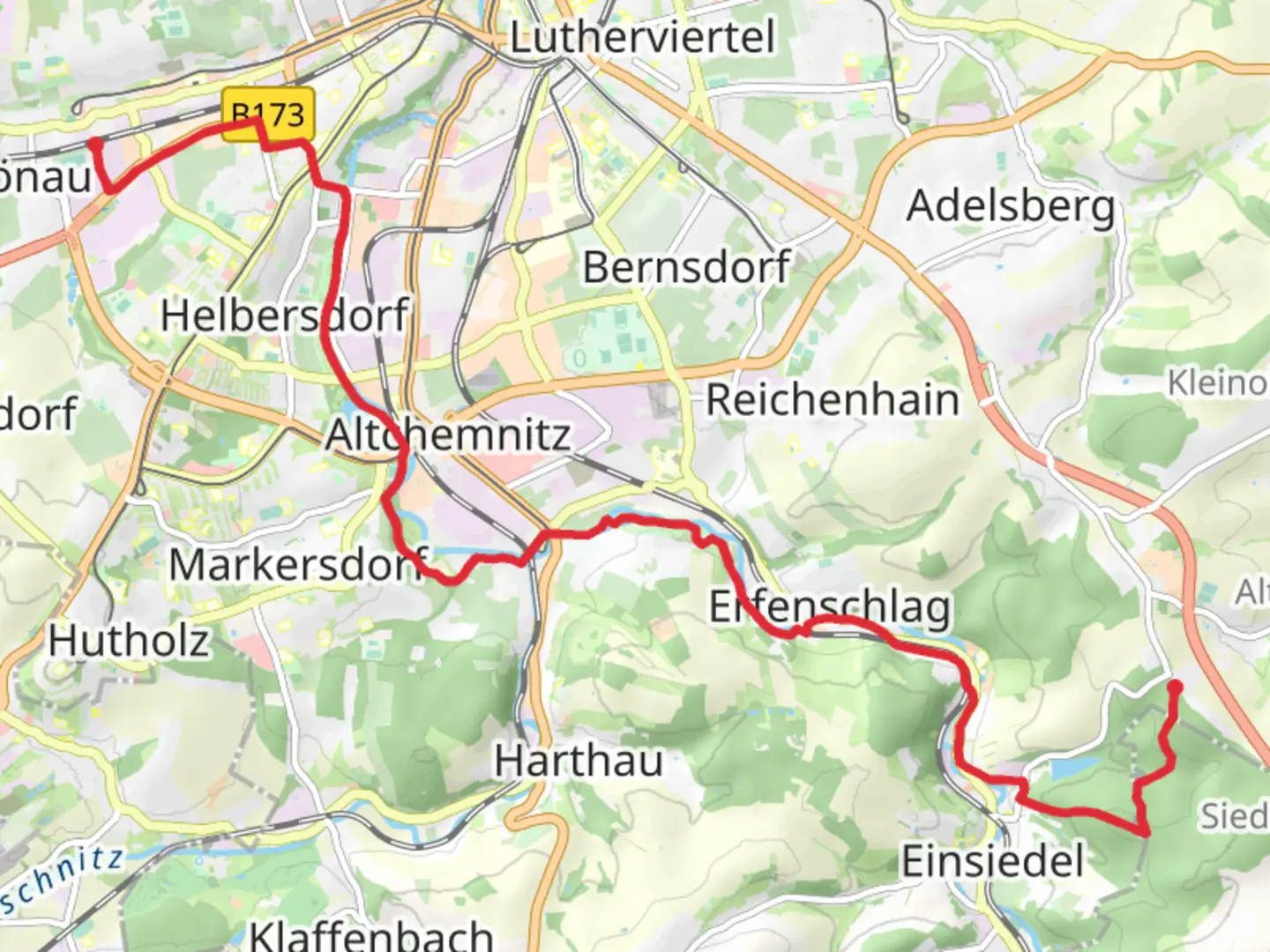 An image depicting the trail Chemnitz Schonau to Einsiedel Walk via Einsiedel Wald and its surrounding area.