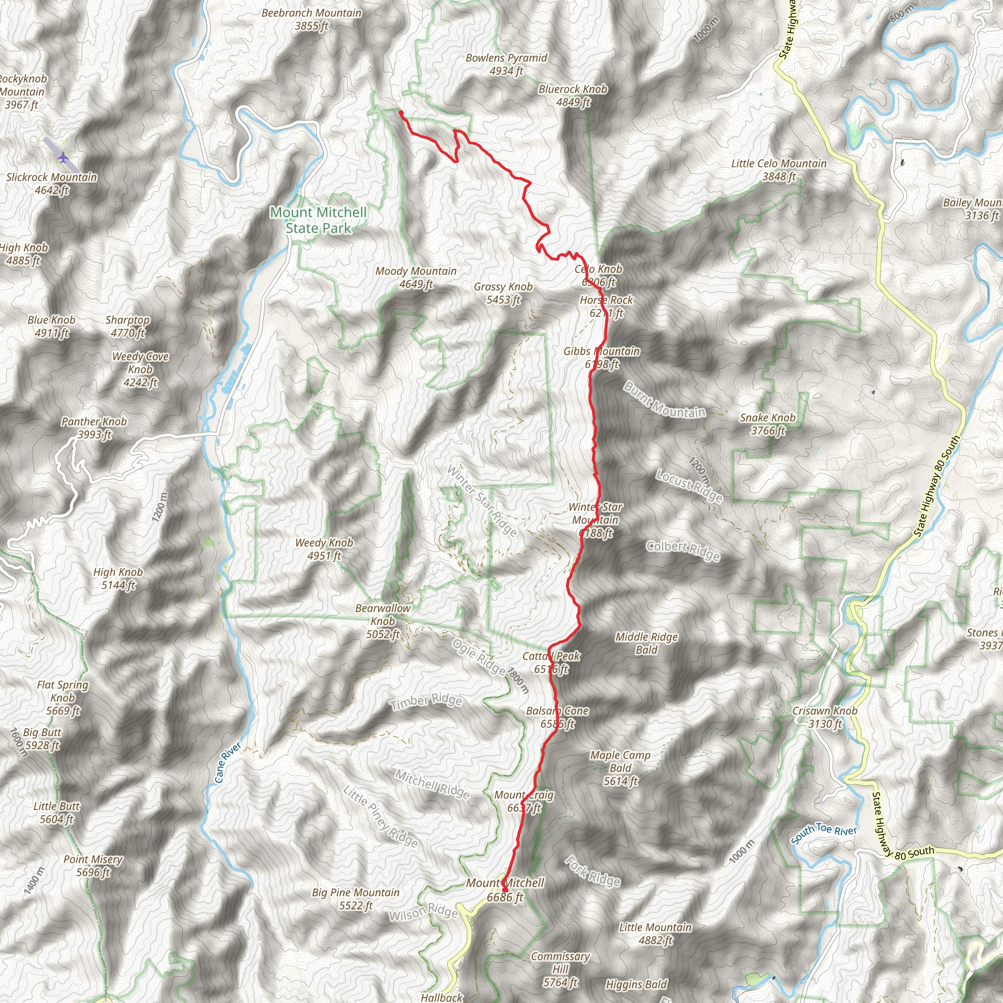 Bowlens Creek to Mount Mitchell via Black Mountain Crest Trail mobile static map