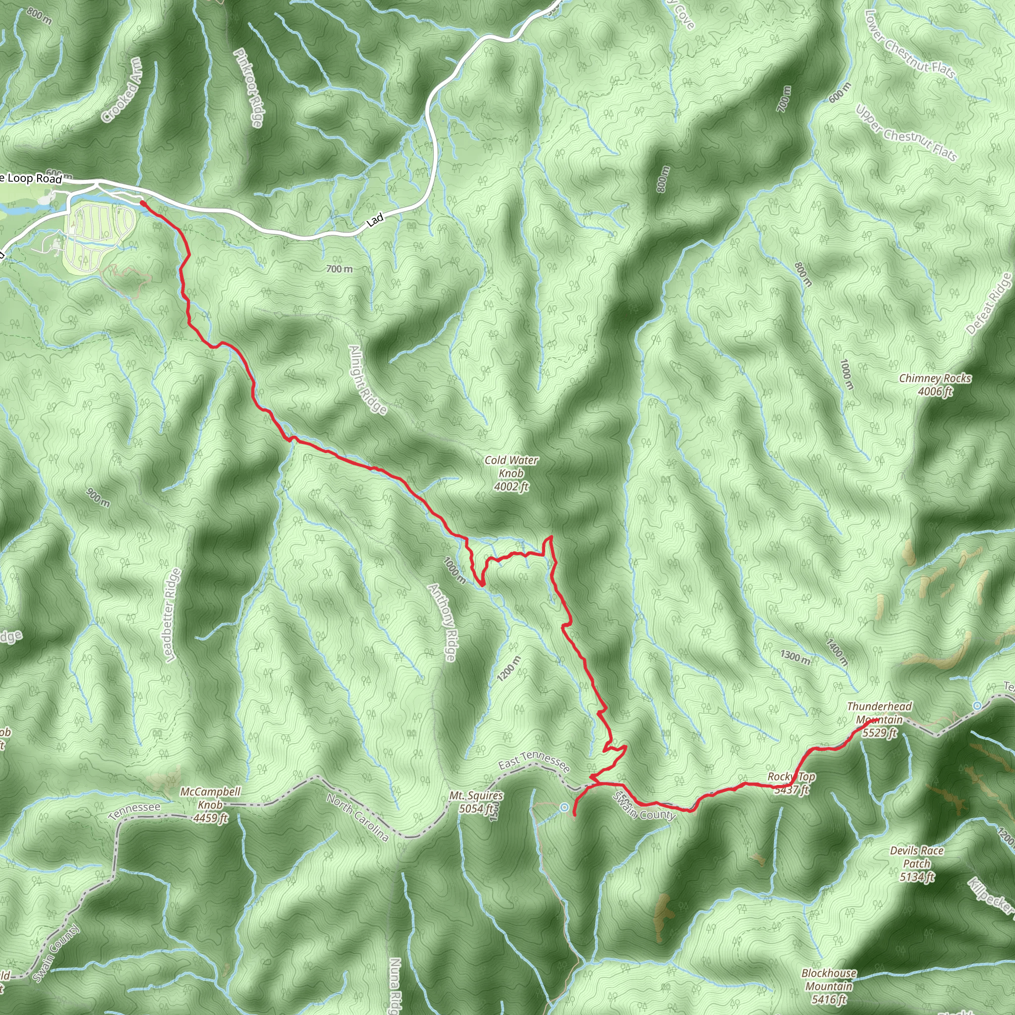 Thunderhead Mountain and Rocky Top via Anthony Creek Trail mobile static map