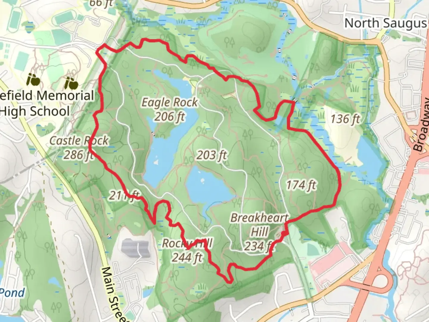 An image depicting the trail Breakheart Hill, Crow Hill and Ash Hill Loop and its surrounding area.