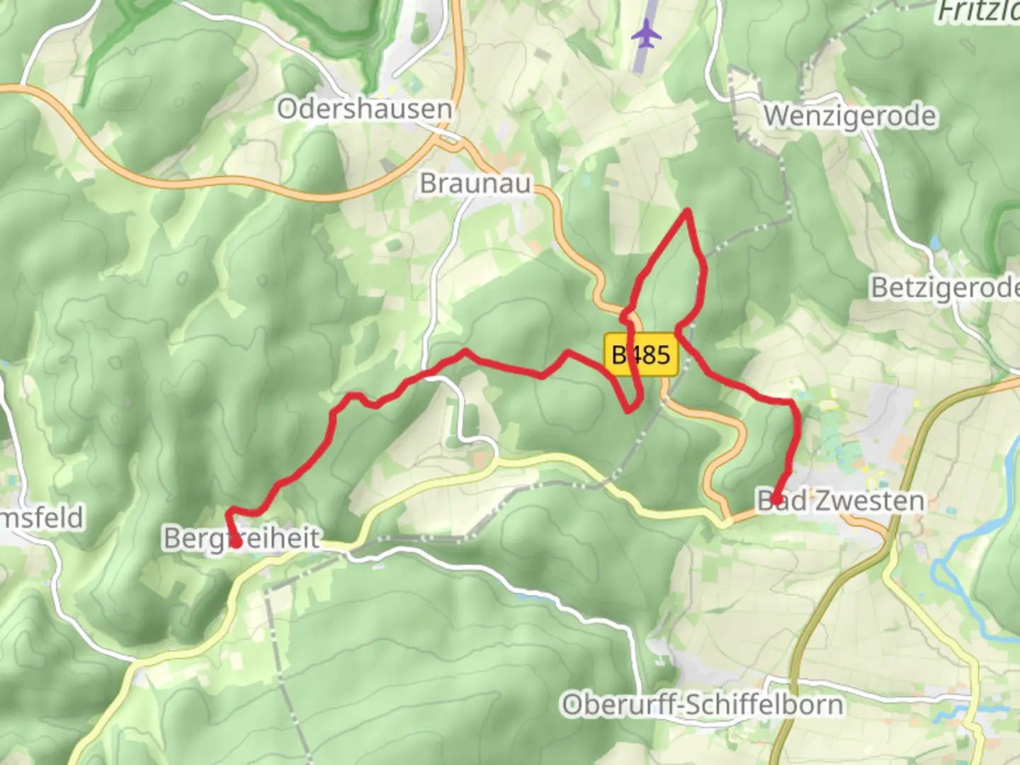 An image depicting the trail Bergfreiheit to Bad Zwesten via Braunau and its surrounding area.