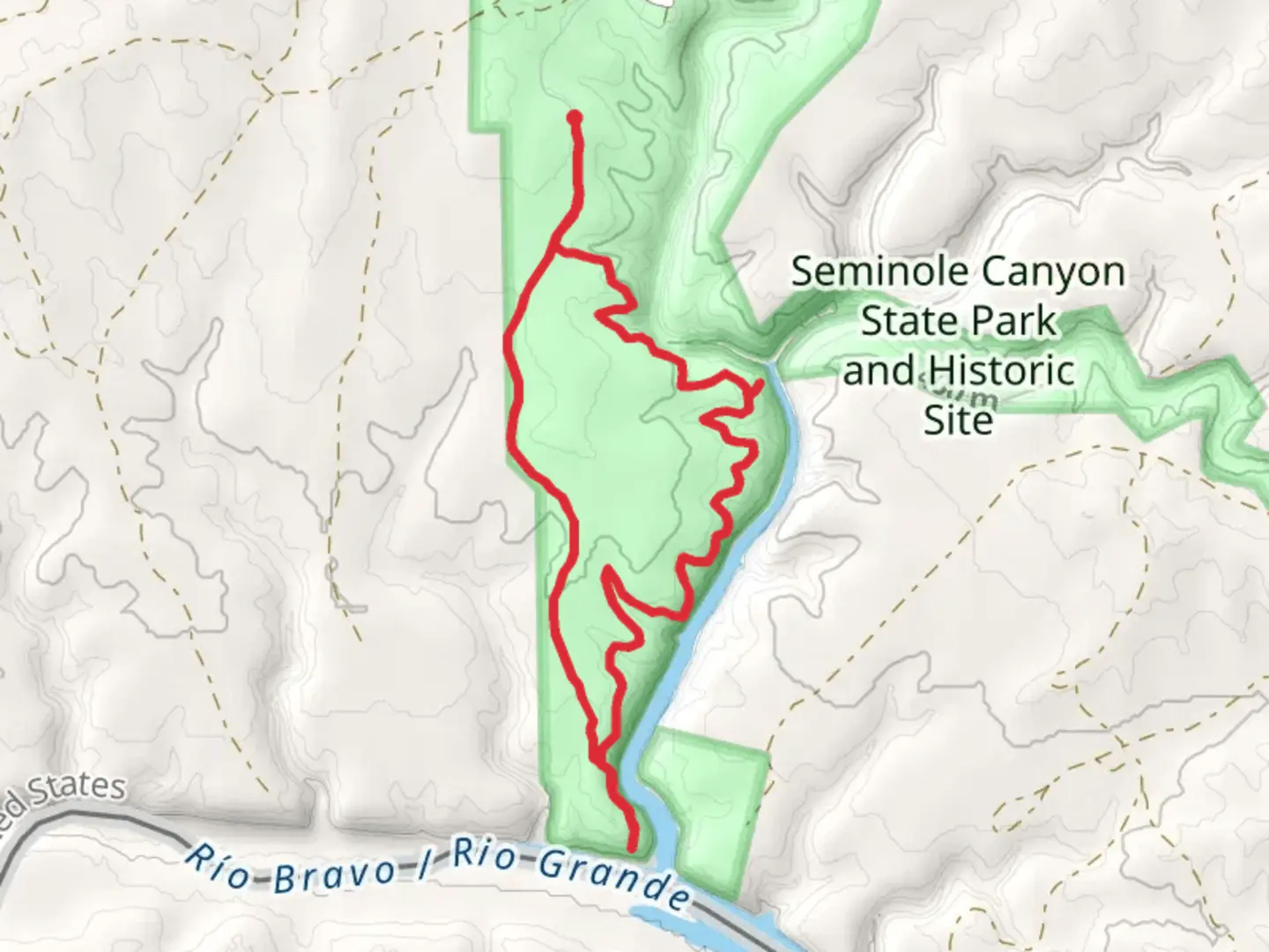 An image depicting the trail Canyon Rim Trail and Río Grande Trail Loop and its surrounding area.