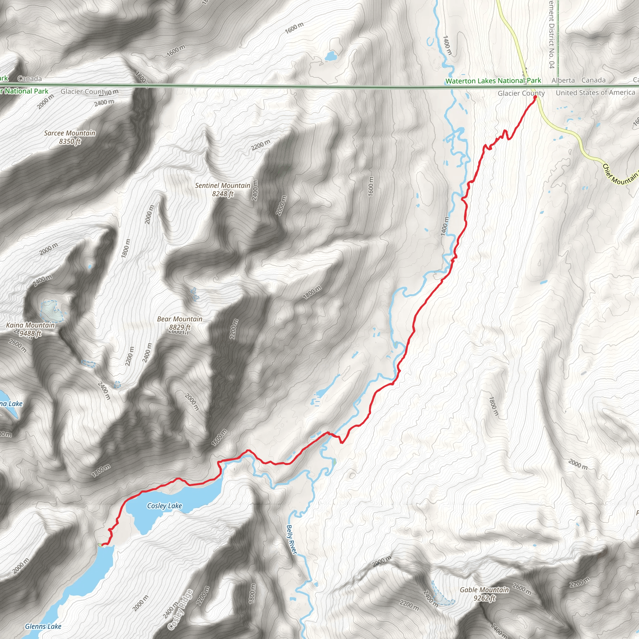 Glenns Lake Cosley Lake via Belly River Trail mobile static map