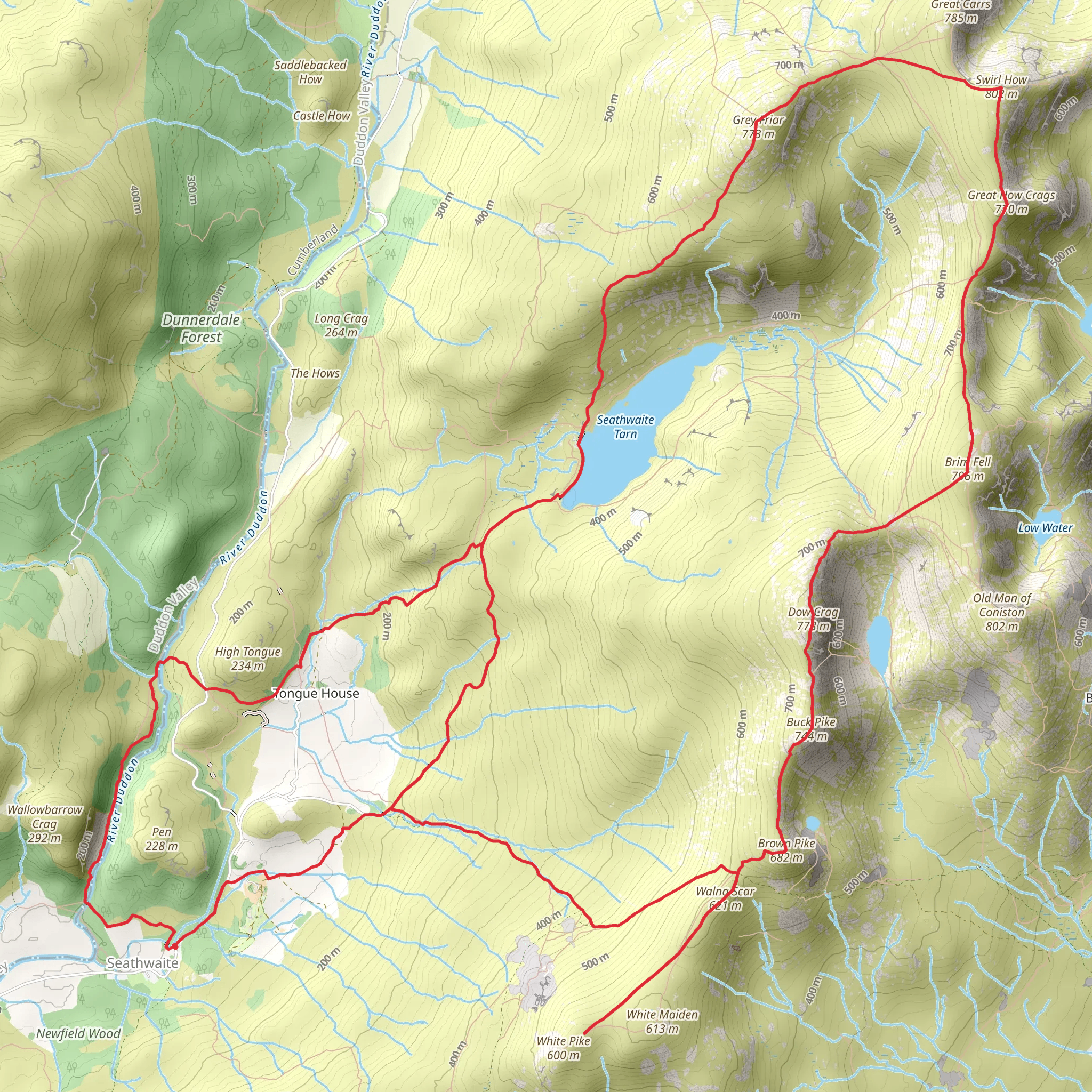 Dow Crag and Brim Fell Loop via Seathwaite Tarn mobile static map