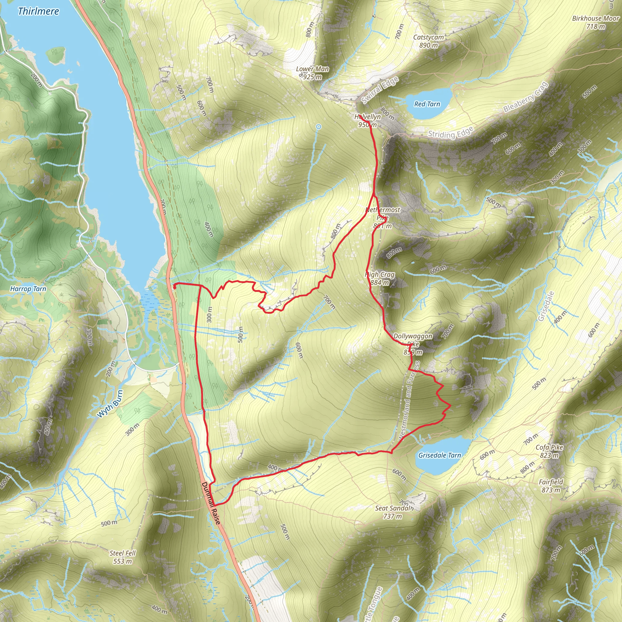Wythburn, Grisedale Tarn, Dollywaggen Pike, Nethermost Pike and Helvellyn mobile static map