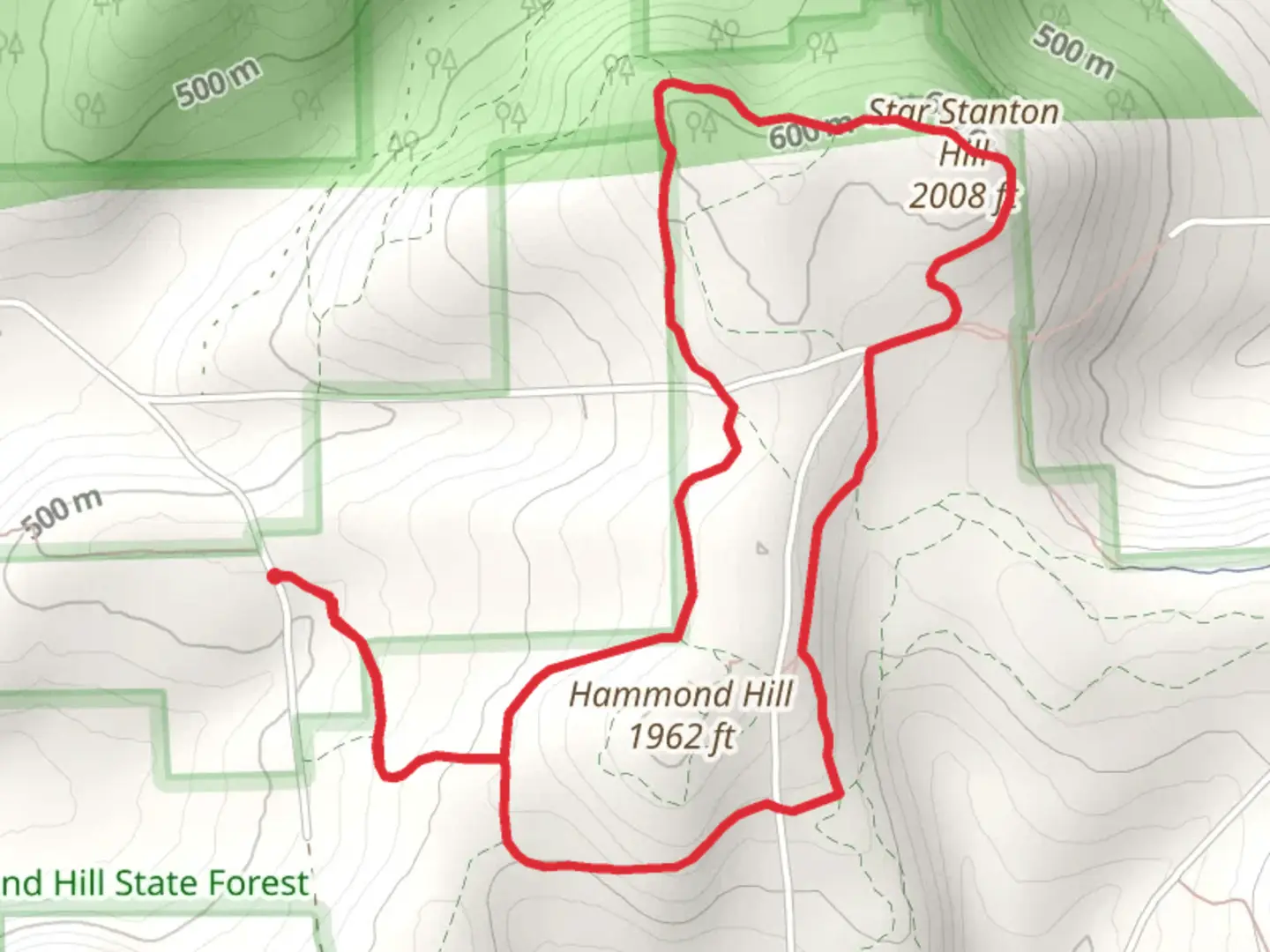 An image depicting the trail Hammond Hill and Star Stanton Hill Loop and its surrounding area.