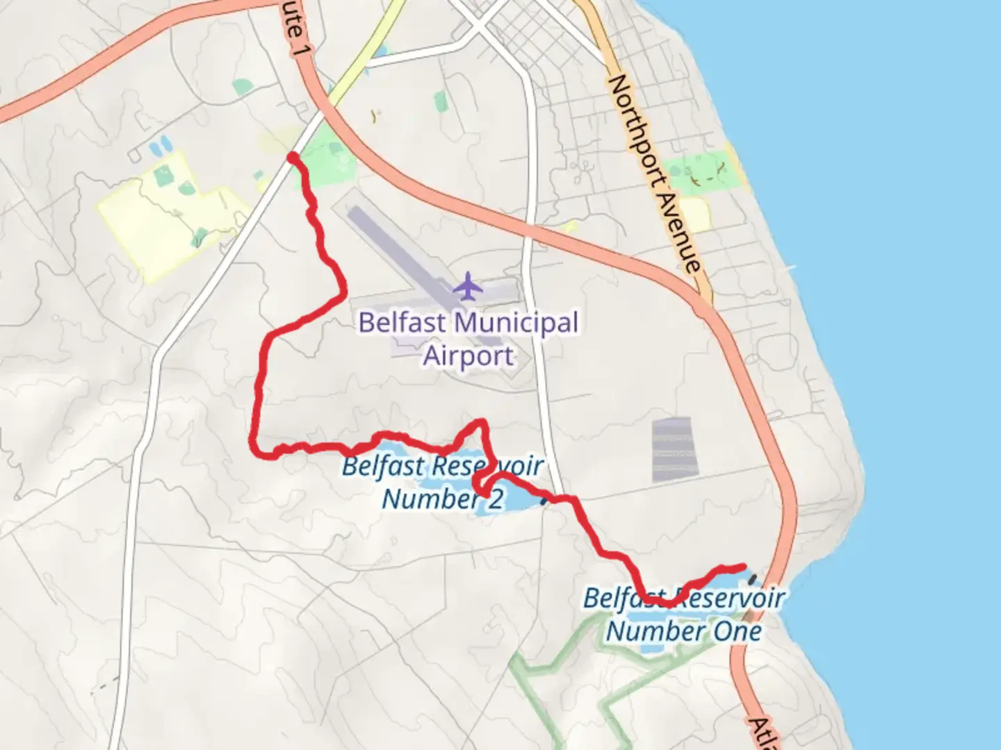 An image depicting the trail Belfast Reservoir Number One and Belfast Reservoir Number 2 Trail and its surrounding area.