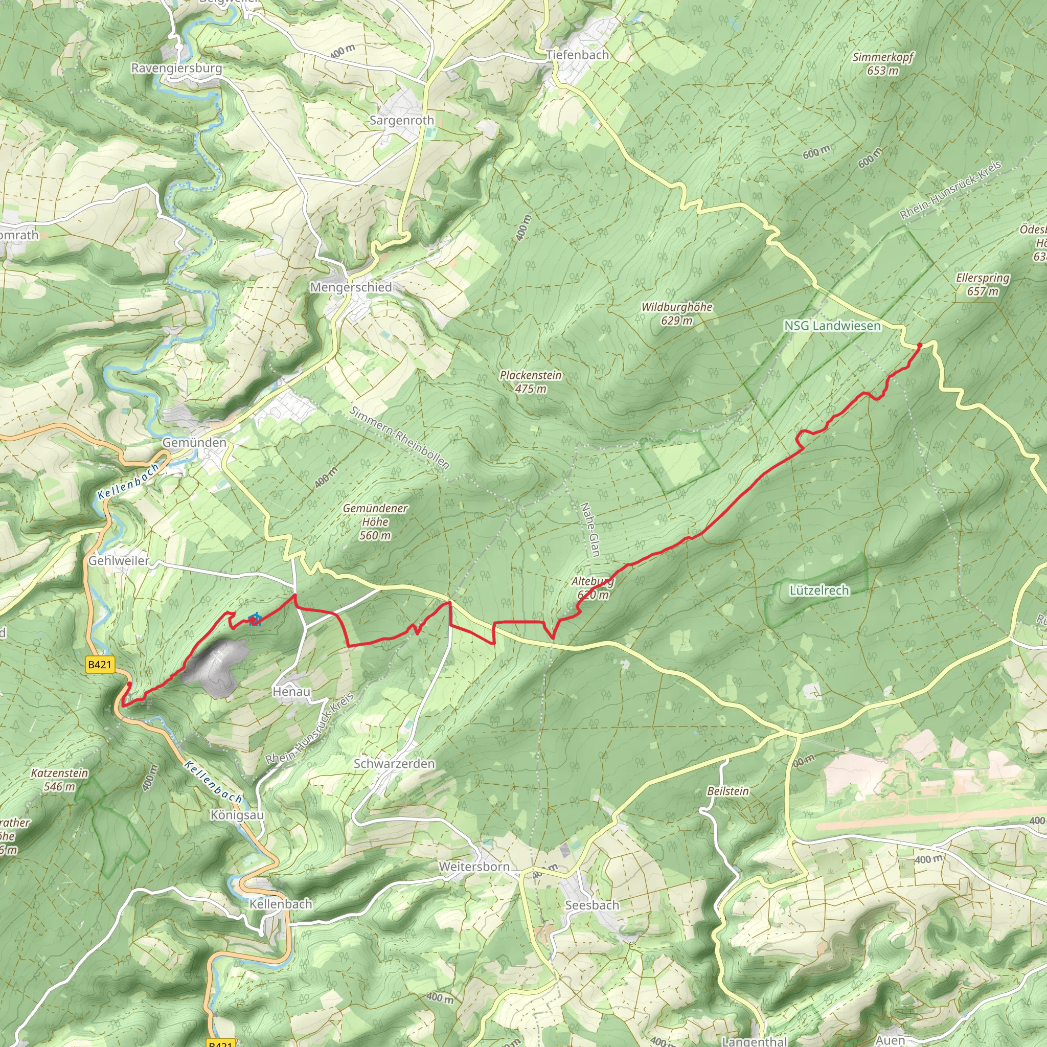 Aussichtskanzel Alter Steinbruch, Bergfried Koppenstein and Alteburg via Soonwaldsteig mobile static map