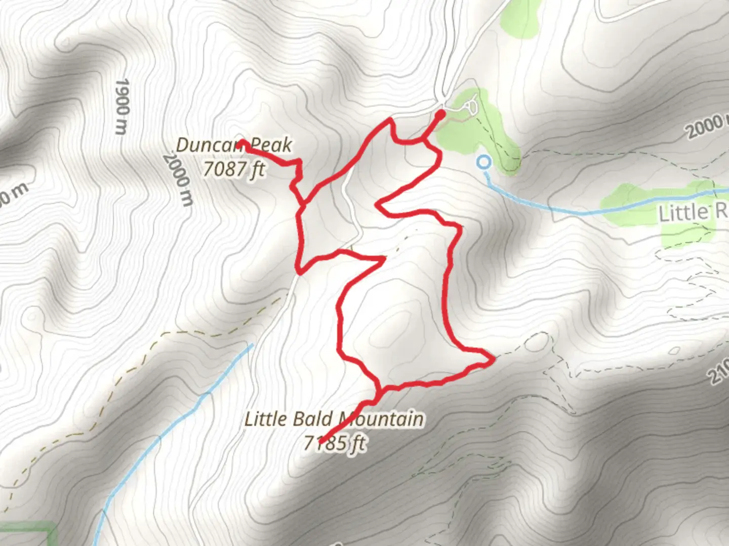 An image depicting the trail Little Bald Mountain and Duncan Peak Loop via Duncan Trail and its surrounding area.
