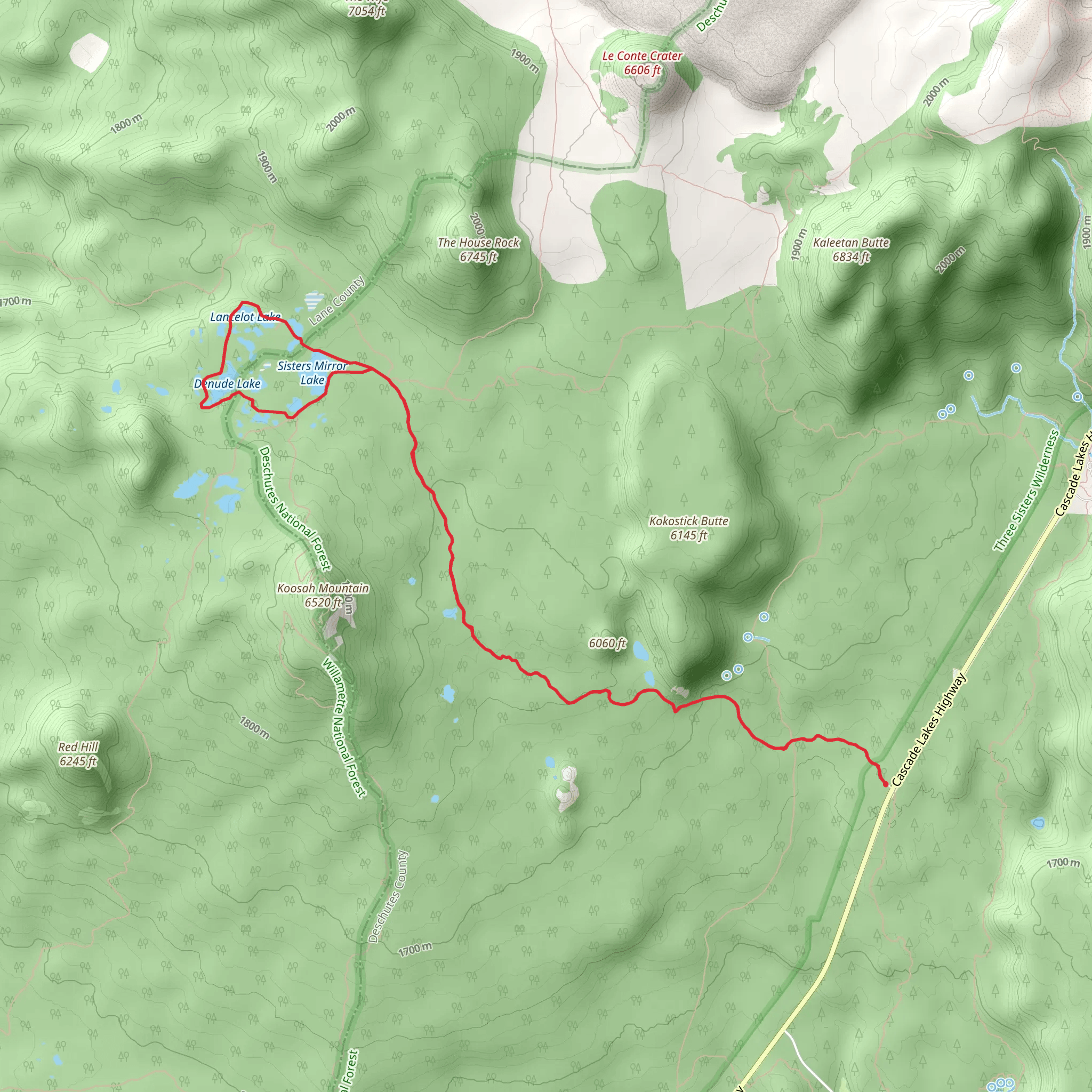 Sisters Mirror Lake, Lancelot Lake and Denude Lake Loop via Mirror Lakes Trail mobile static map