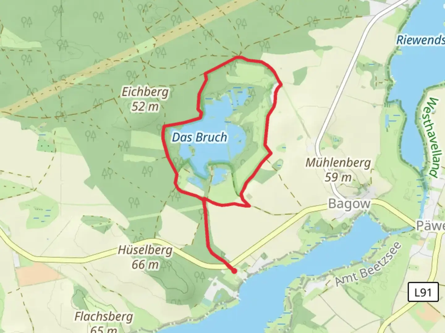 An image depicting the trail Das Bruch and Vogelgesang Loop and its surrounding area.