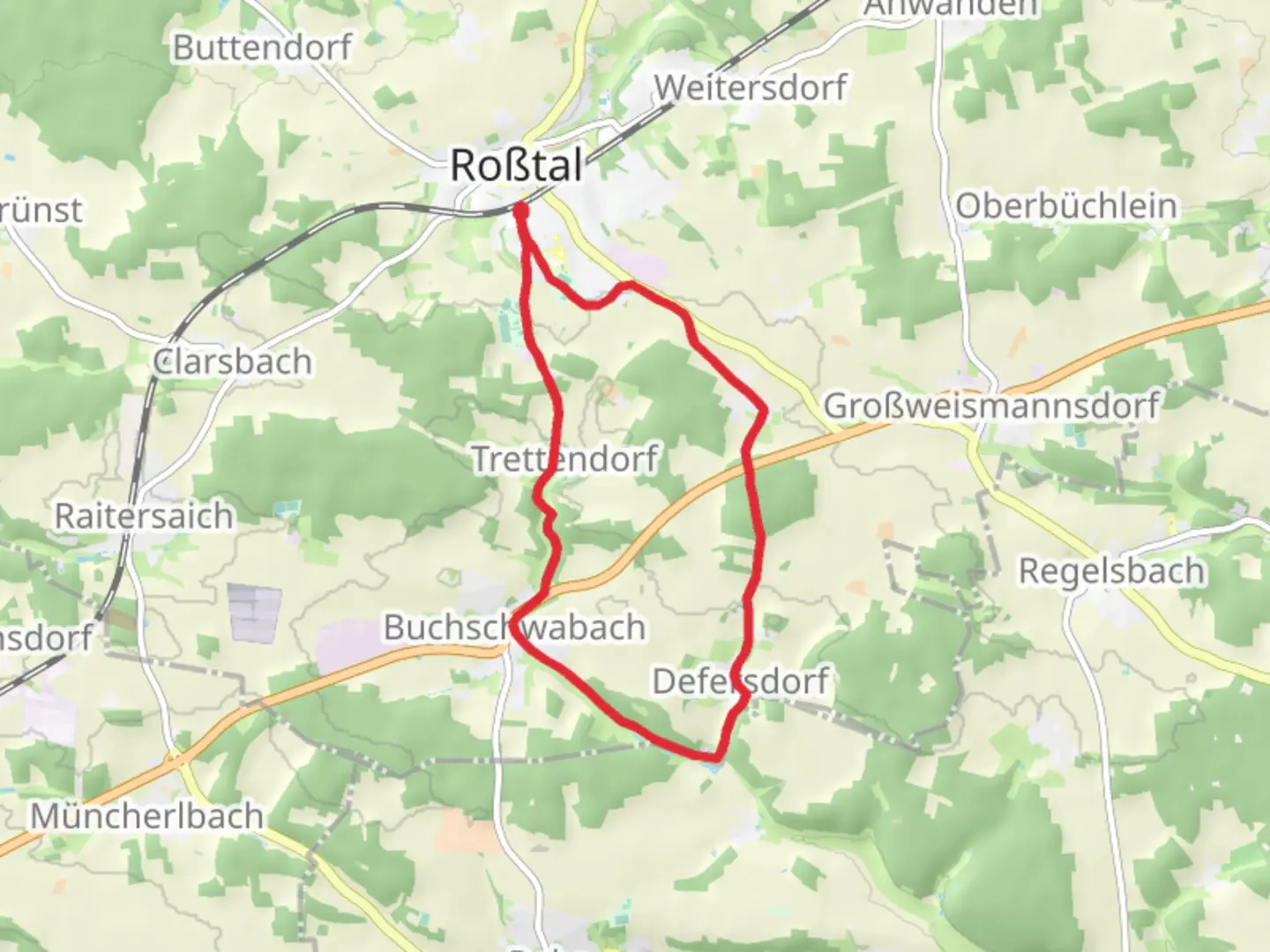 An image depicting the trail Drei Gruendles Weg and Hopfenweg and its surrounding area.