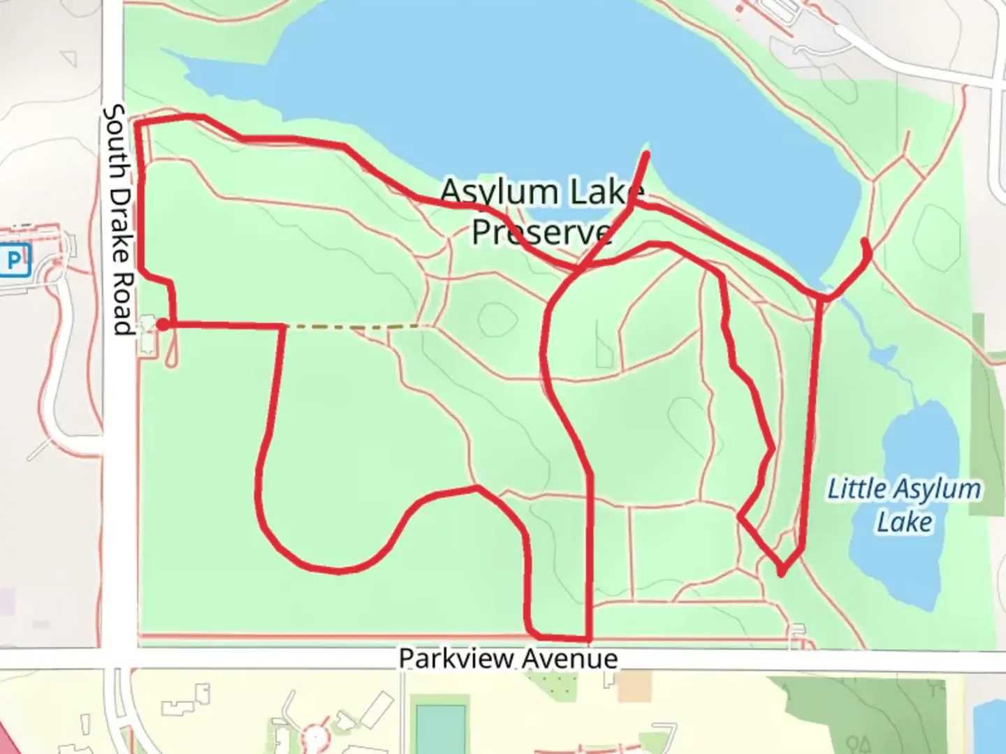 An image depicting the trail Asylum Lake Preserve Loop and its surrounding area.