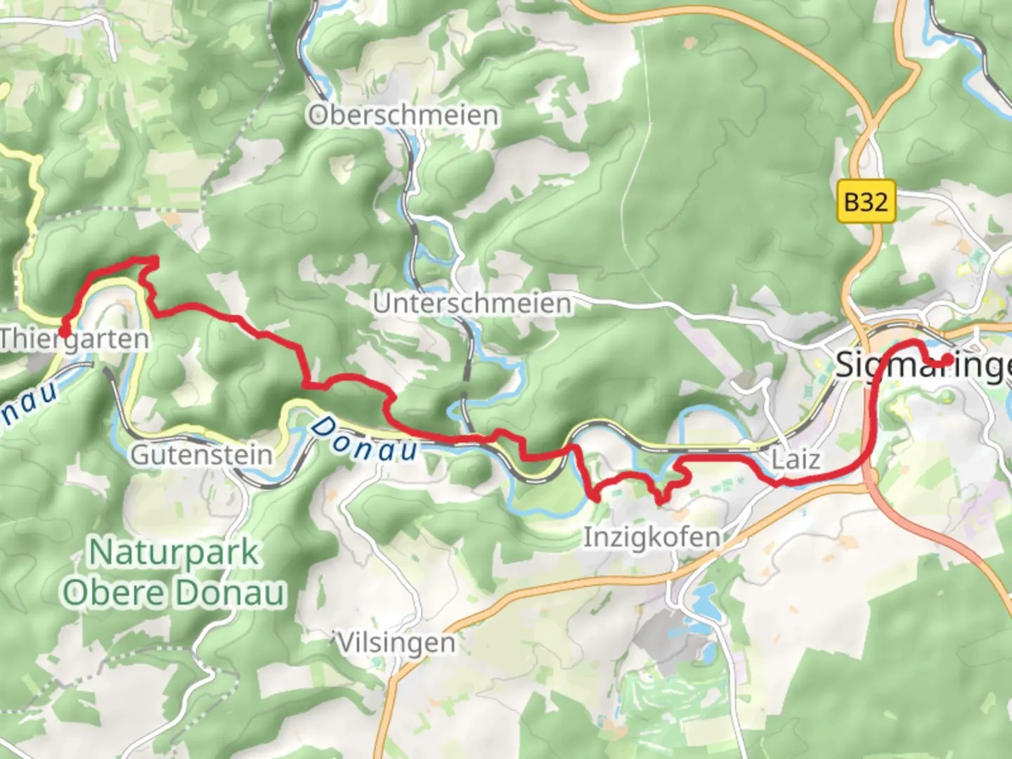 An image depicting the trail Sigmaringen to Thiergarten via Donau Zollernalb Weg and its surrounding area.
