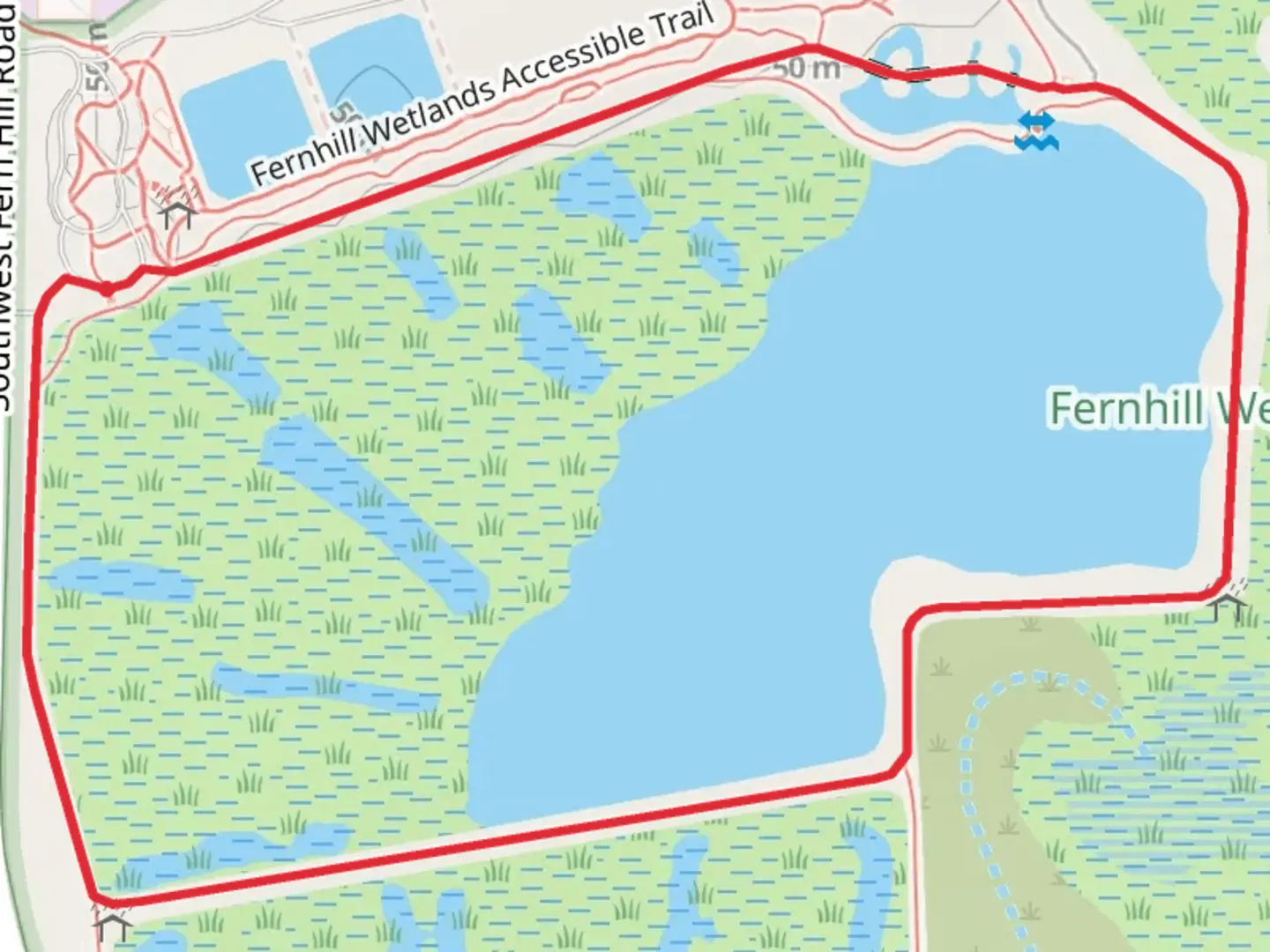 An image depicting the trail Fernhill Wetlands Accessible Loop and its surrounding area.