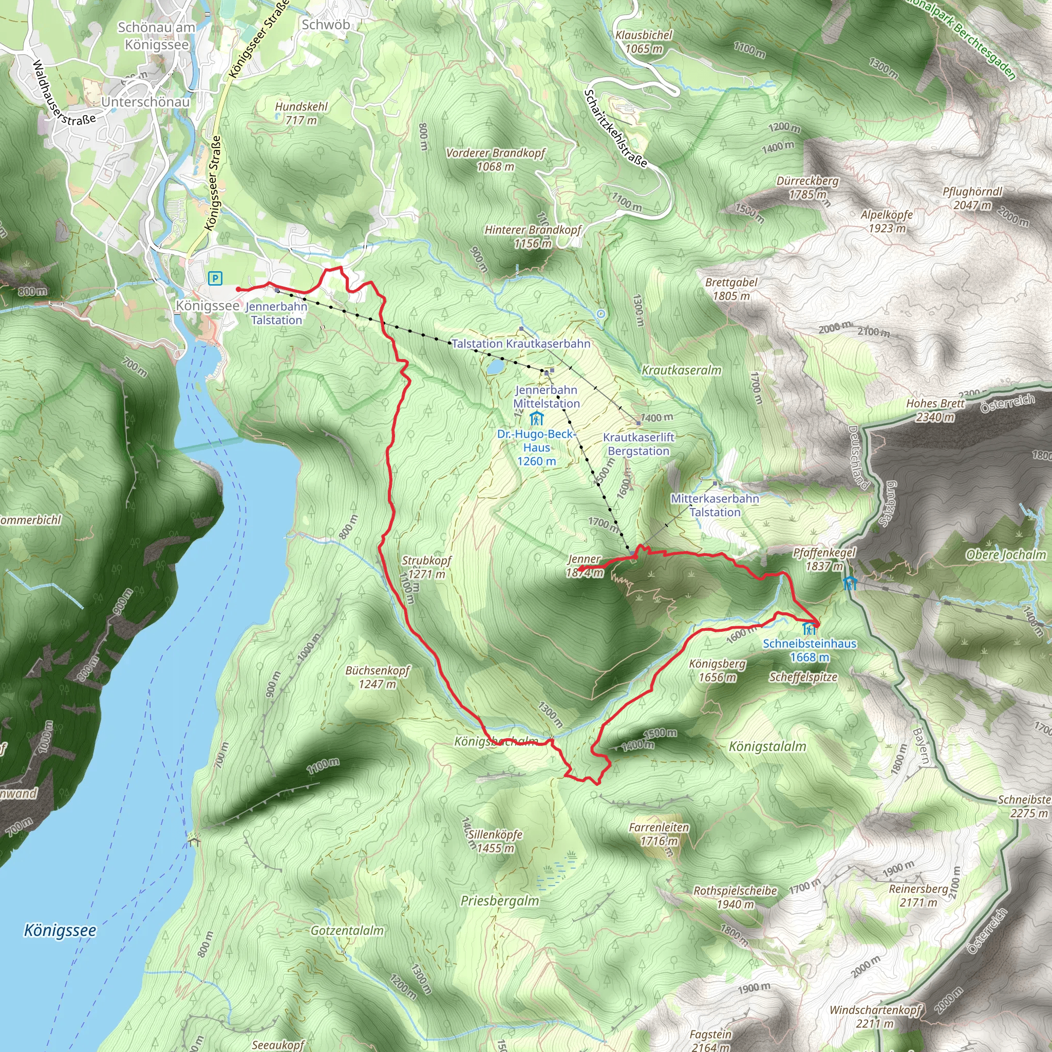 Jenneralm to Königssee Walk via Schneibsteinhaus Peak mobile static map