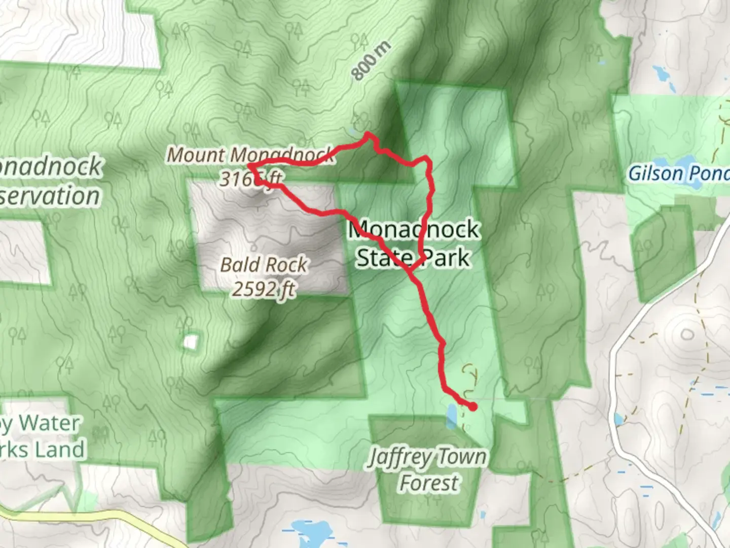 An image depicting the trail Mount Monadnock Cascade Link Pumpelly Trail White Dot Trail Loop and its surrounding area.
