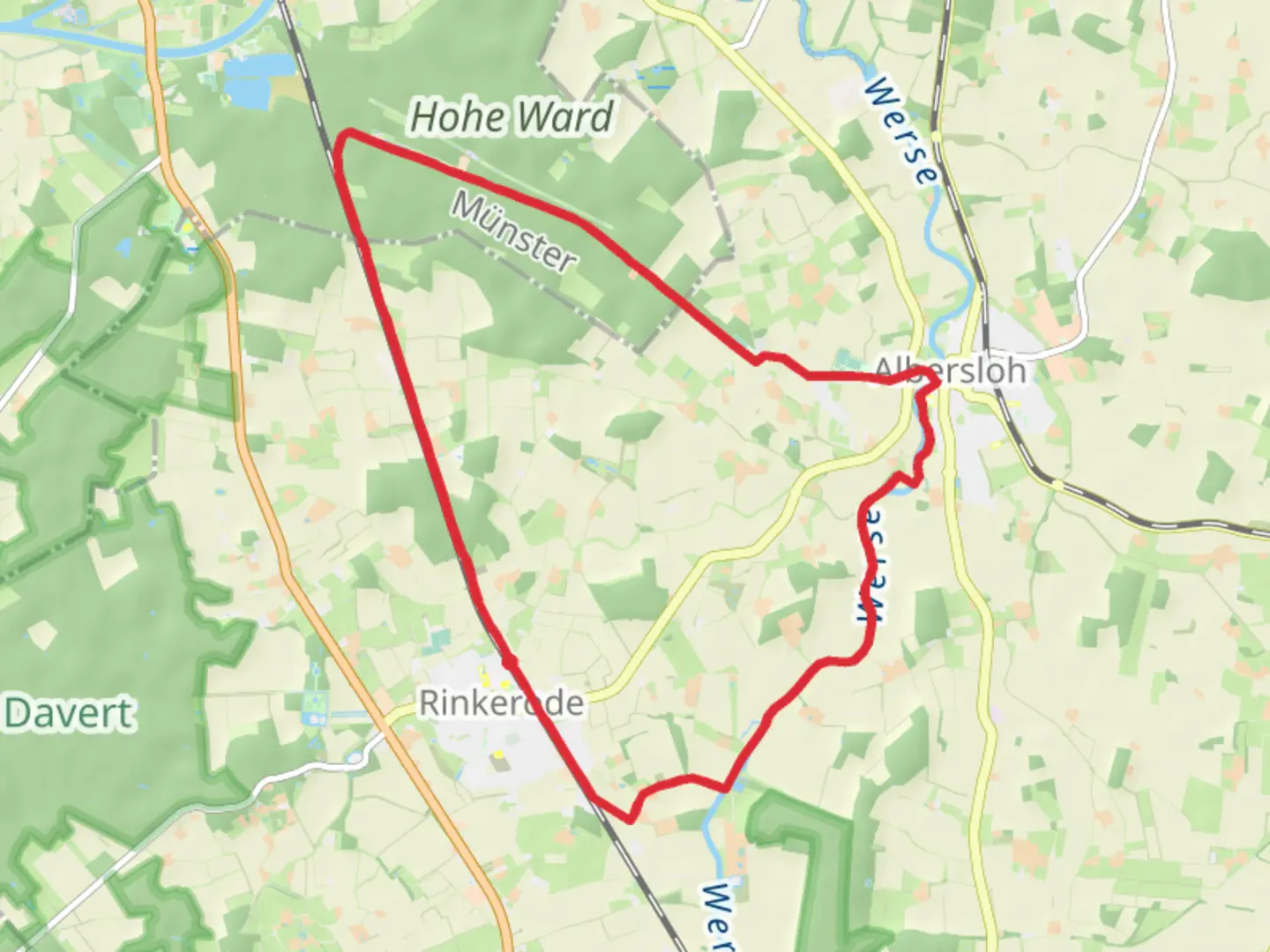 An image depicting the trail Rinkerode and Albersloh Loop via Hohe Ward and its surrounding area.