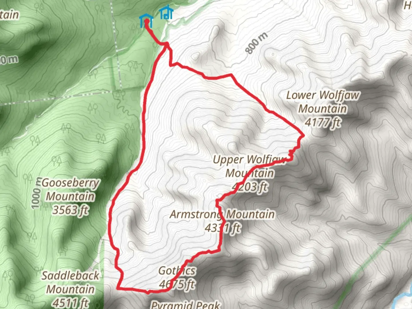 An image depicting the trail Armstrong Mountain and Upper Wolfjaw Mountain Loop via Orebed Brook Trail and its surrounding area.