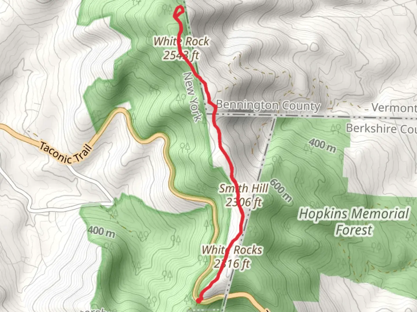 An image depicting the trail Snow Hole and White Rock Trail and its surrounding area.