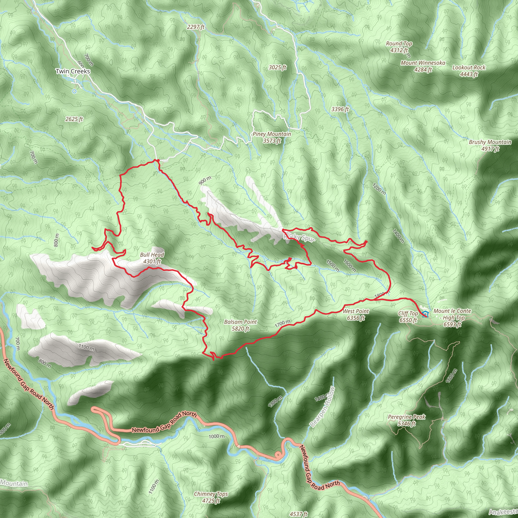 Mount LeConte and Rainbow Falls via The Bullhead Trail mobile static map