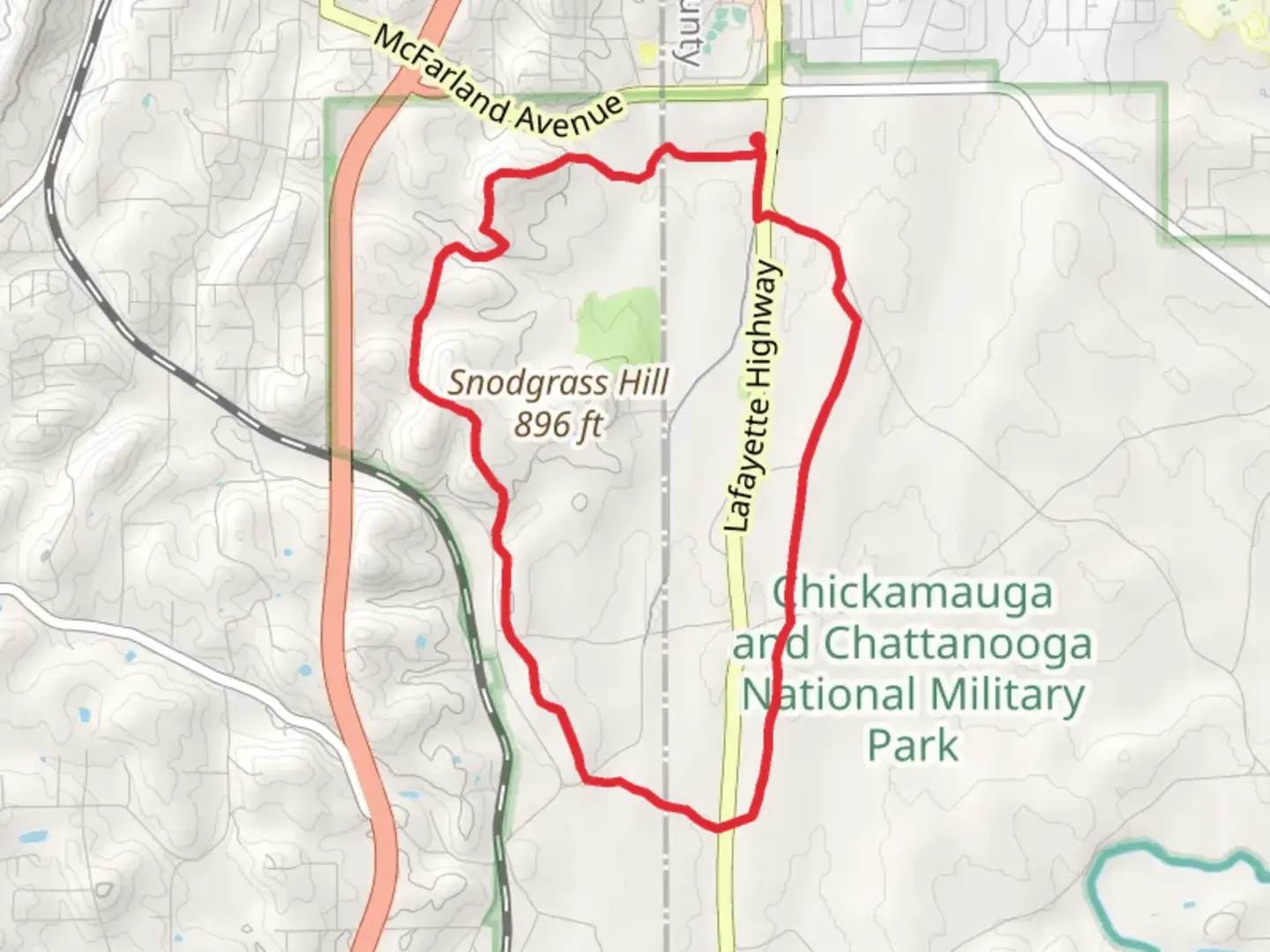 An image depicting the trail Chickamauga and Chattanooga National Military Park Loop - West and its surrounding area.