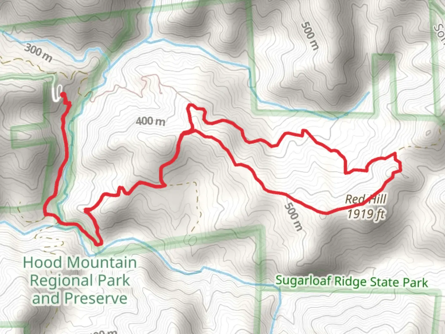 An image depicting the trail Red Hill Loop via Grandmother Oak Trail and its surrounding area.