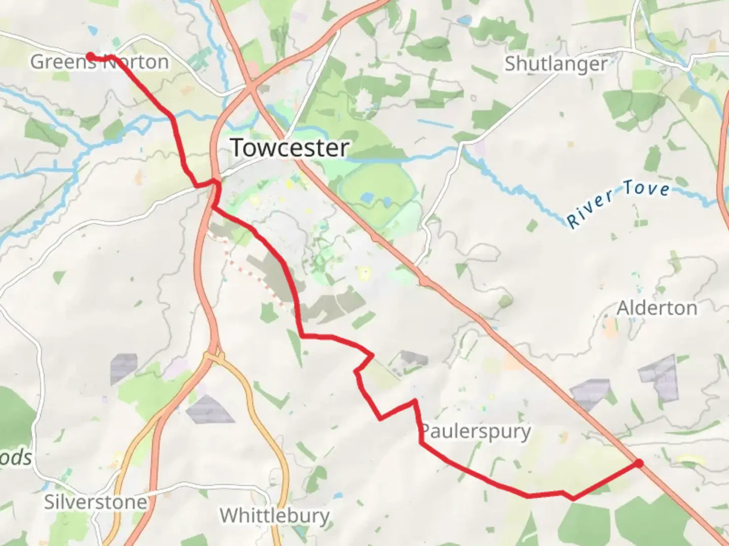 An image depicting the trail Littleworth to Watling Street via Grafton Way and its surrounding area.