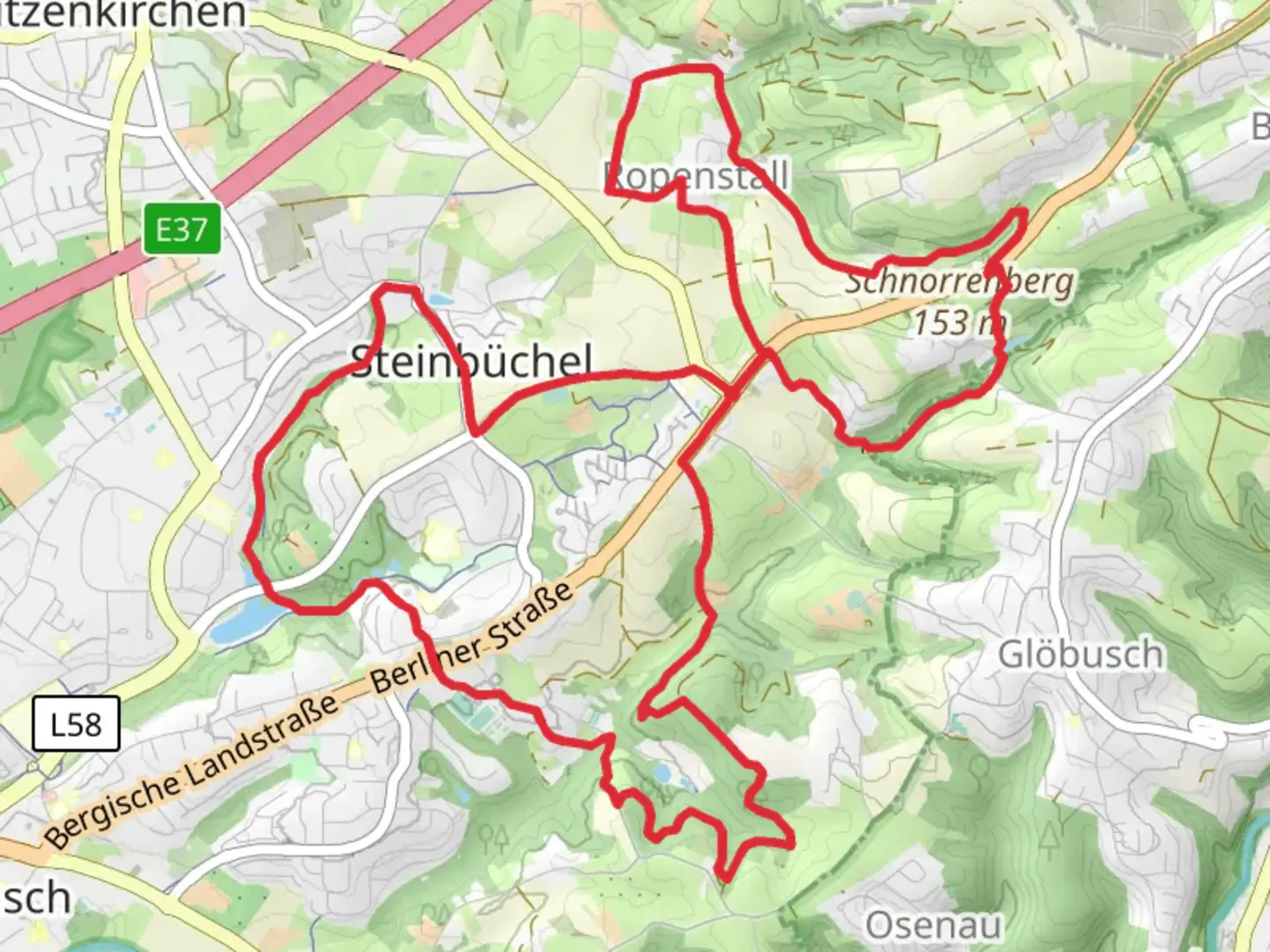 An image depicting the trail Steinbuchel Loop via Opovener Weiher and its surrounding area.