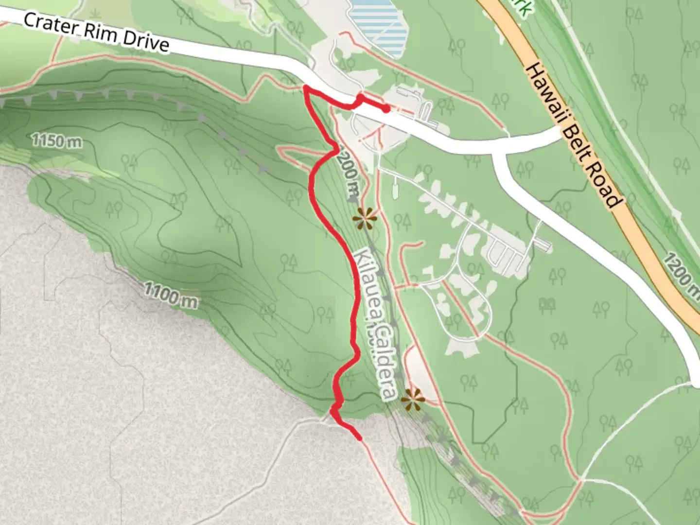 An image depicting the trail Halemaʻumaʻu Trail Out and Back and its surrounding area.