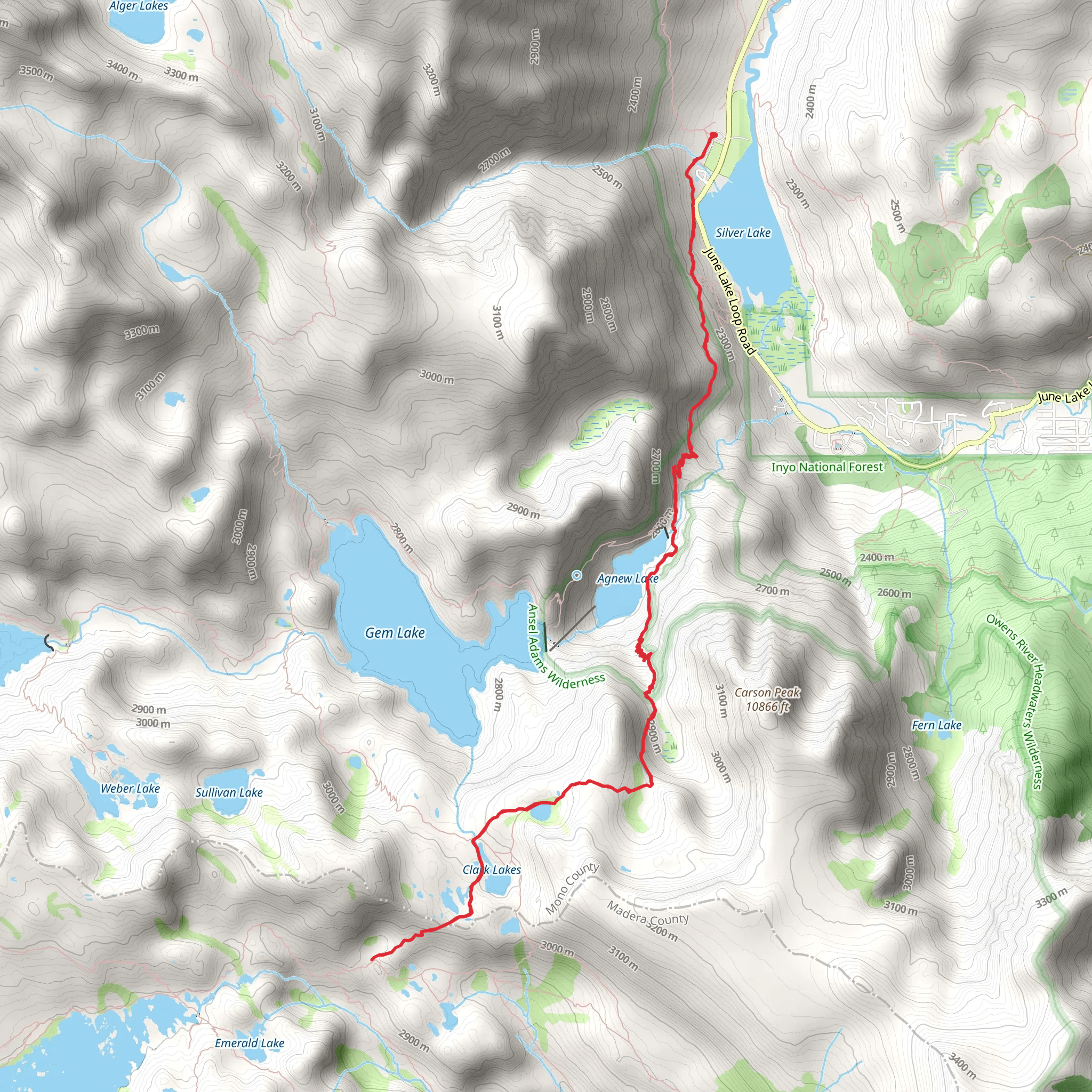 Agnew Lake and Clark Lake via Spooky Meadow Trail mobile static map