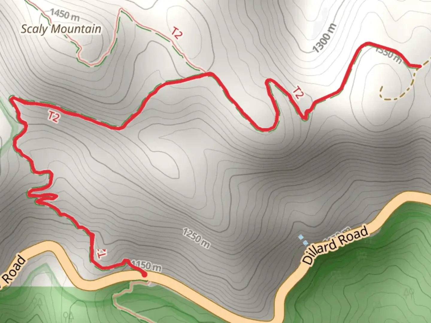 An image depicting the trail Scaly Mountain Trail via Bartram Trail and its surrounding area.
