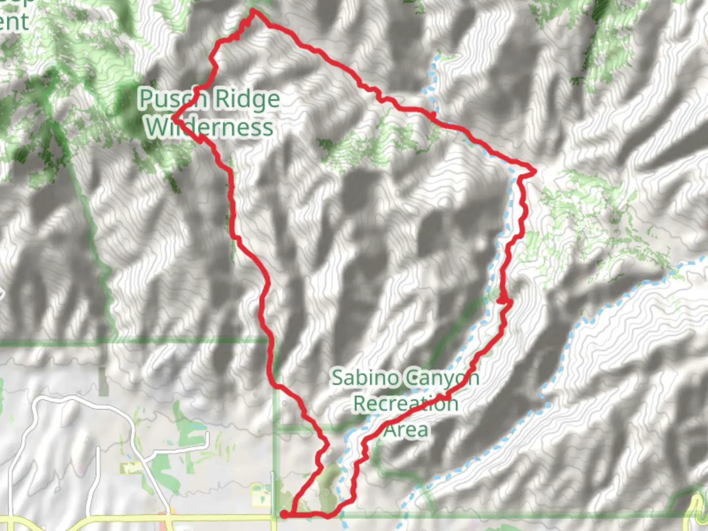 An image depicting the trail Esperero, Cathedral Rock and Sabino Canyon Loop Trail and its surrounding area.