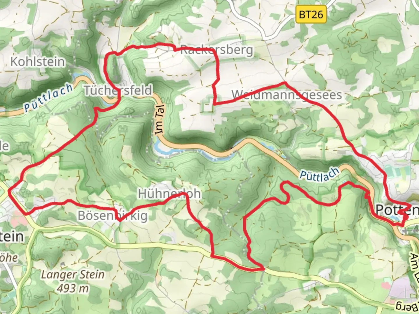 An image depicting the trail Prottenstein and Tuchersfeld Loop and its surrounding area.