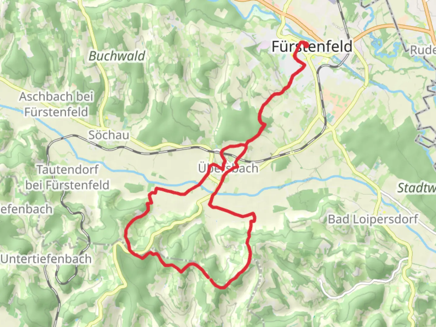 An image depicting the trail Fürstenfelder Wasser - Wein - Wanderweg and its surrounding area.