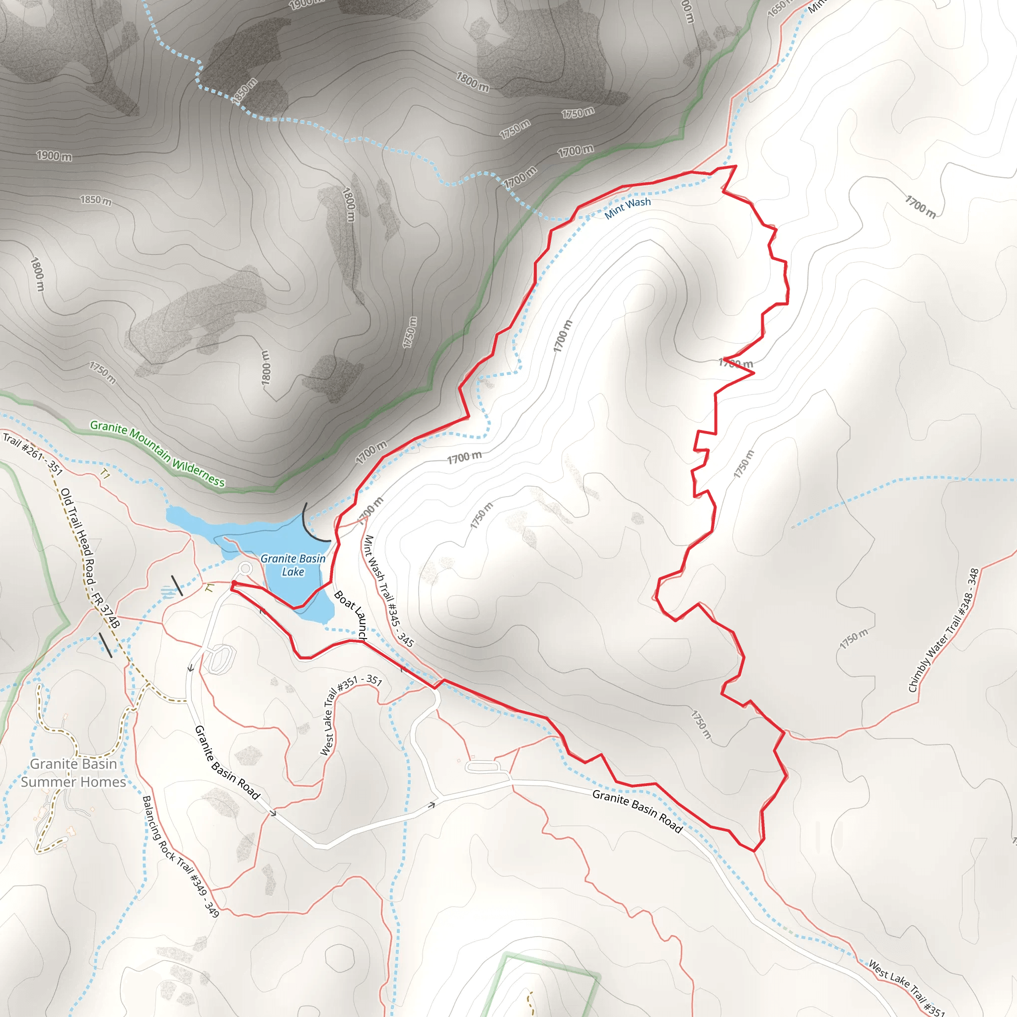 Mint Wash Connector Loop via granite Basin Lake mobile static map