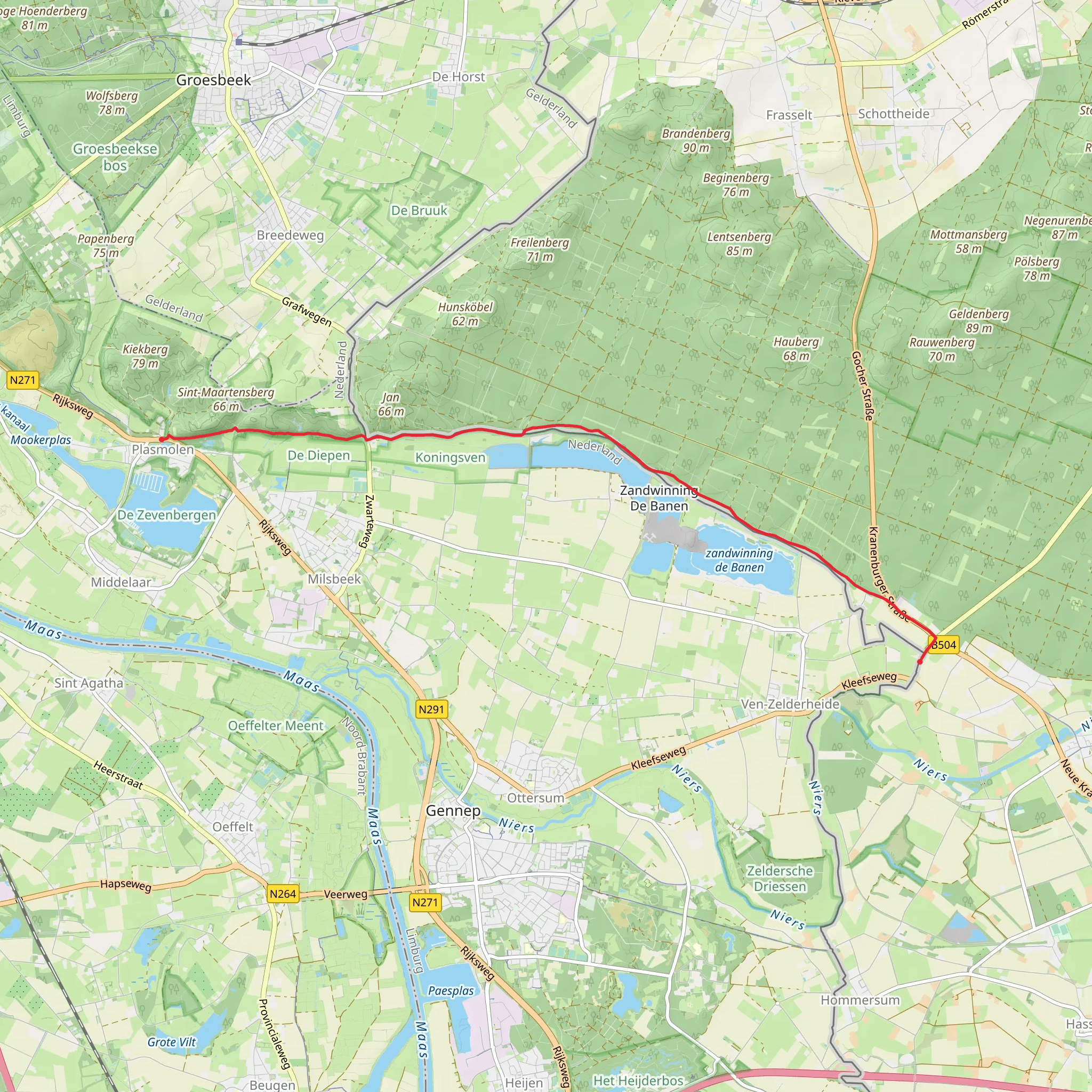 Plasmolen to Nergena via Drievijvers and Kroonbeek mobile static map