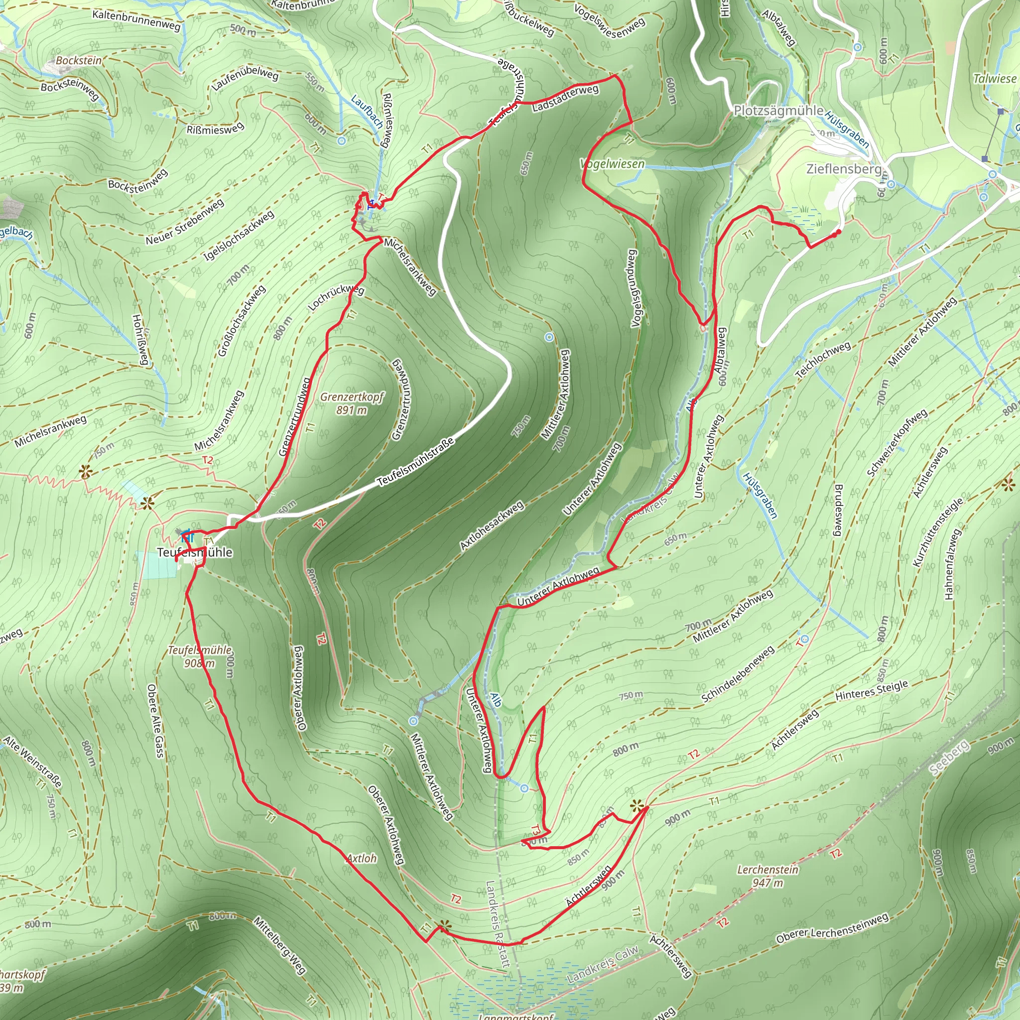 Grosses Loch, Teufelskammer and Teufelsmühle via Albtalweg mobile static map