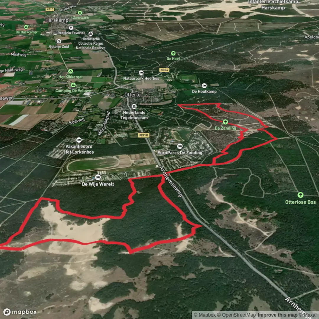 An image depicting the trail De Zanding and Otterlose Buurtbos Loop and its surrounding area.