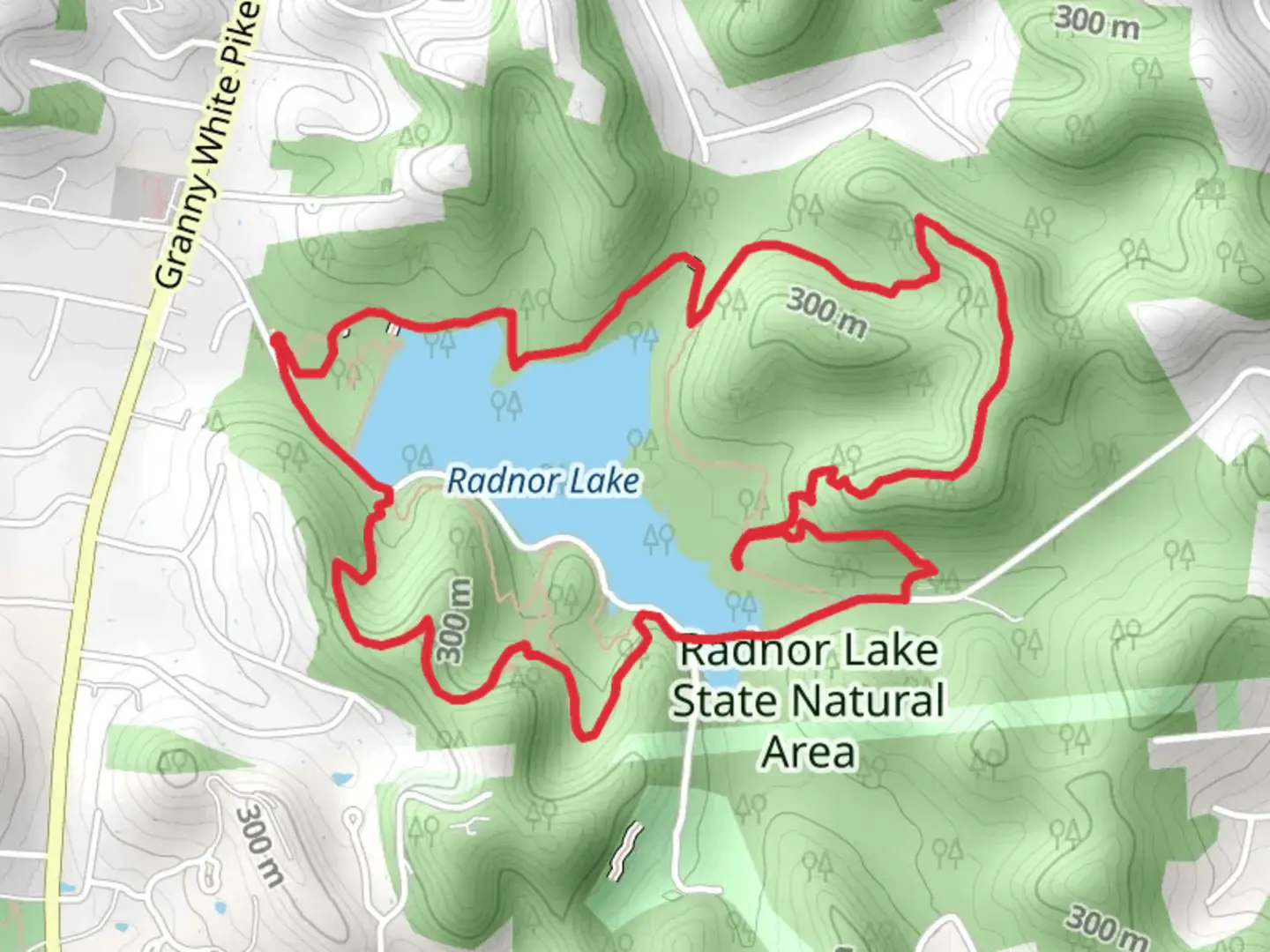 An image depicting the trail Radnor Lake Loop and its surrounding area.