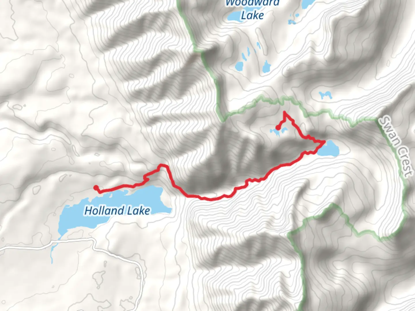 An image depicting the trail Sapphire Lake-Upper Holland Lake-Holland Lake and its surrounding area.