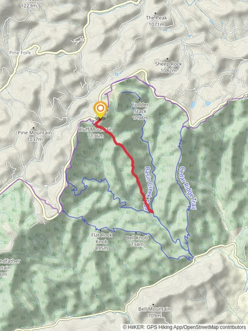 An image depicting the trail Bluff Mountain and Brooks Knob via Bluff Ridge Primative Trail and its surrounding area.