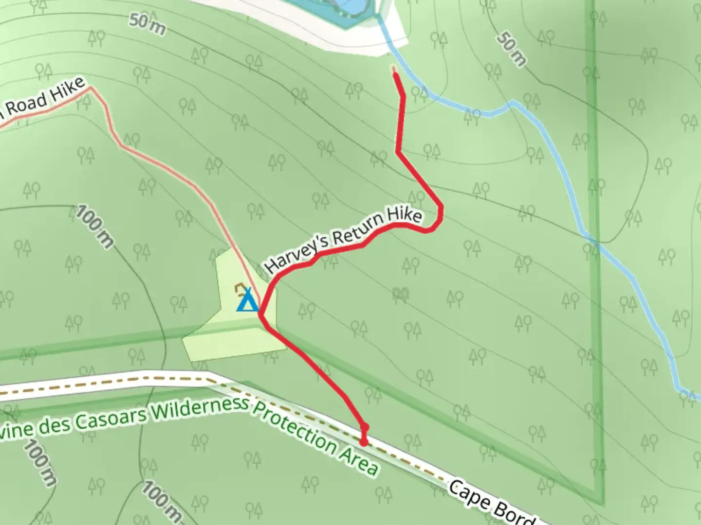 An image depicting the trail Harveys Return Hike and its surrounding area.