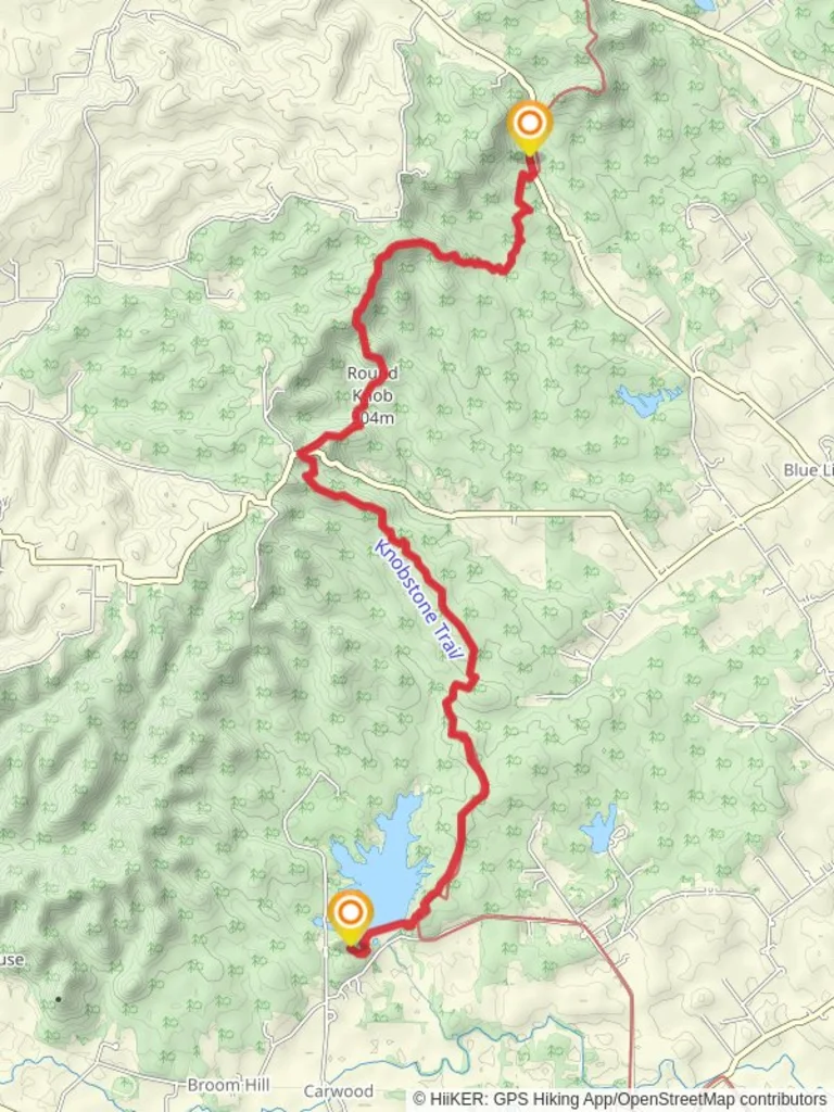 An image depicting the trail Knobstone Trail, Round Knob and Deam Lake and its surrounding area.